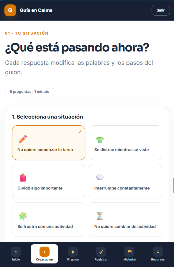 Pantalla para seleccionar una situación y crear un guion