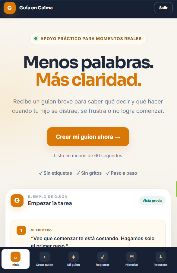 Pantalla de inicio real de Guía en Calma