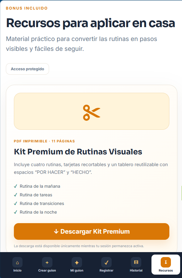 Captura real de la sección Recursos que permite descargar el Kit Premium de 11 páginas